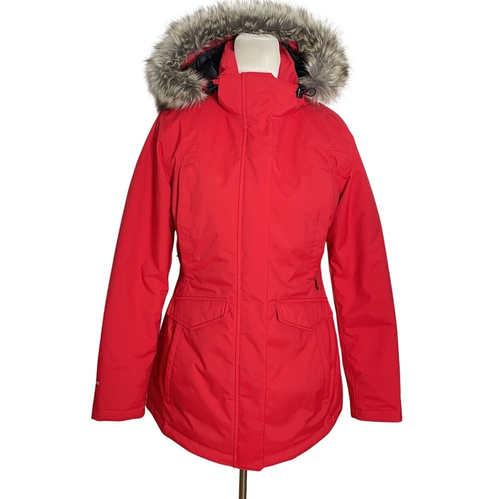 Eddie Bauer Silver Lining Down Waterproof Red Parka Jacket Faux Fur Hood M